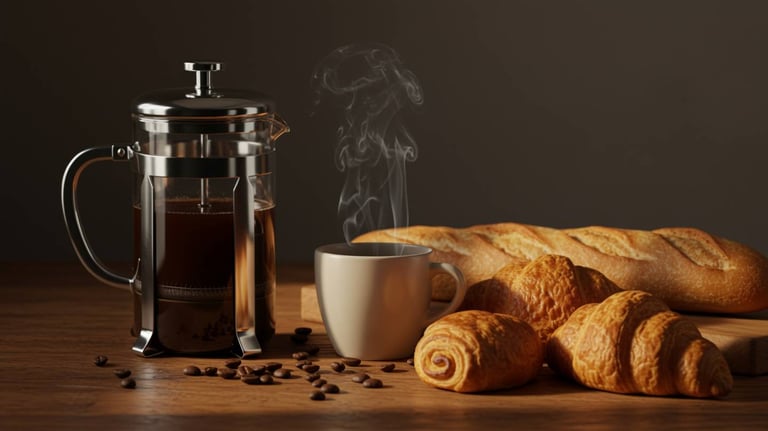 Petit-déjeuner français sur table en bois avec cafetière Bodum, tasse fumante, baguette et viennoiseries, photographié en stu