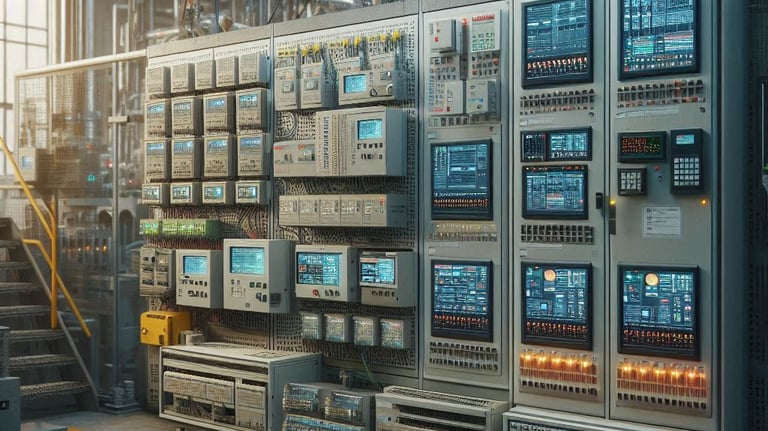 Lógicas de controle em controladores programáveis (CLPs) e interfaces operacionais (IHMs).