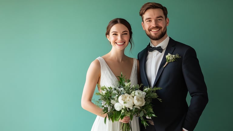 a bride and groom standing in front of a green wall