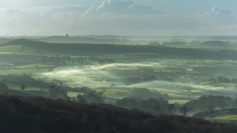 Rolling fog through cold green country fields