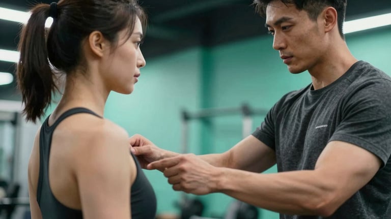 Close up of a professional fitness coach adjusting a client's form. Modern gym setting with #0A0A0A and #4A8C67 color palette. Sharp focus and dramatic lighting.