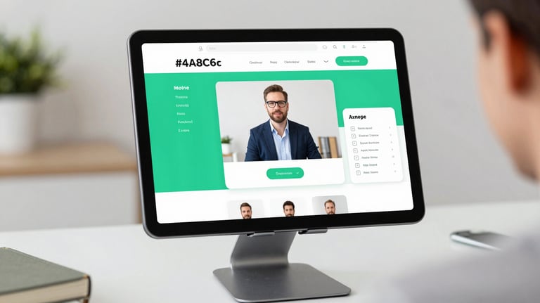Clean, professional online training setup. A tablet on a tripod showing a live coach interface with sleek #4A8C67 UI elements.
