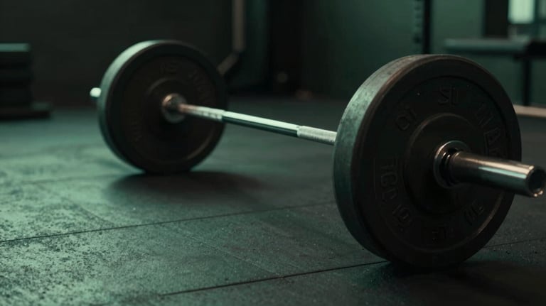 Close up of a barbell with rubber plates in a dark minimalist gym. Low angle shot, atmospheric lighting with subtle #4A8C67 green glow on the floor.