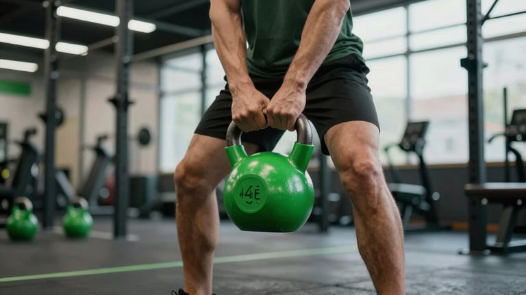 Dynamic shot of a person doing a kettlebell swing in a high-tech gym. Focus on power and motion, with #4A8C67 green highlights on the equipment.