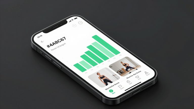 A sleek phone mockup displaying a workout interface with green graphs (#4A8C67) and high-quality exercise videos against a dark minimalist background.