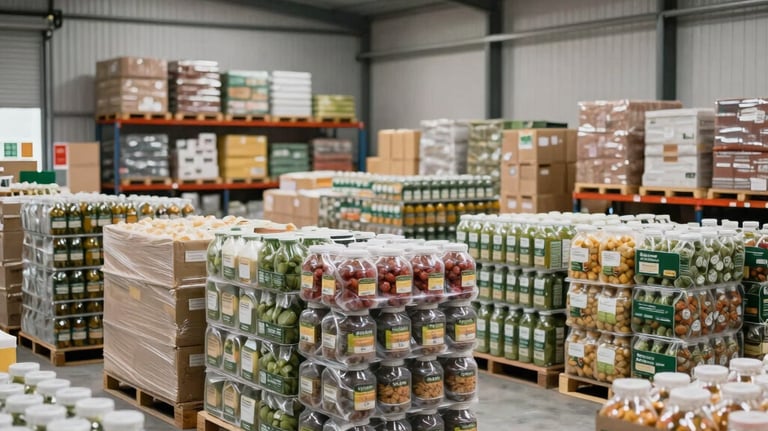 A modern warehouse interior showing organized rows of agricultural products ready for distribution, featuring clean lines and a professional, trustworthy atmosphere.