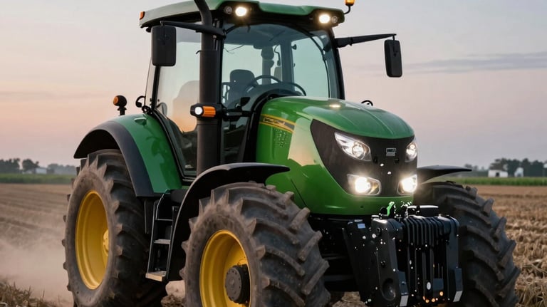 A professional photo of a modern green tractor working in a field at dusk, with its headlights illuminating the path, symbolizing the blend of traditional farming and modern tech.