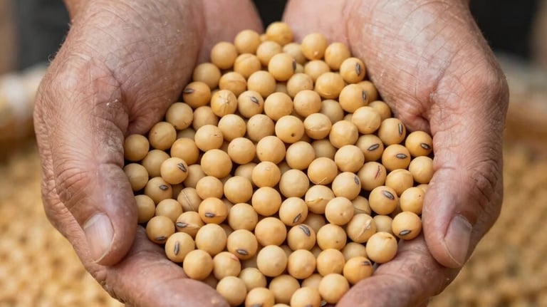 A detailed close-up of harvested golden soybeans held in weathered but clean hands, symbolizing high-quality agricultural production and the human element of farming in the US.