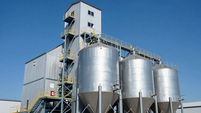 A wide-angle shot of a high-tech grain elevator and processing facility under a clear blue sky, showing the scale and modern innovation of the agricultural industry.