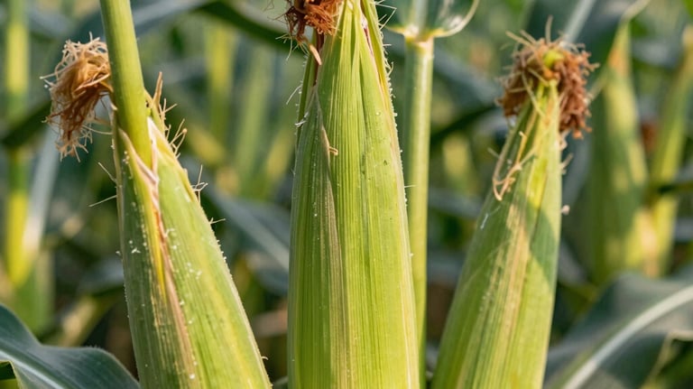 A close-up shot of vibrant, healthy green corn husks in a sunlit field, showcasing the vitality and high quality of sustainable crop production in the North American region.
