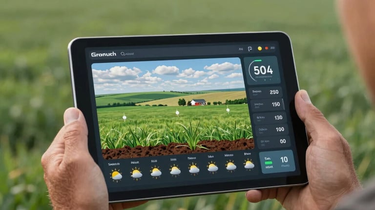 A high-tech digital interface displayed on a tablet held by a farmer in a sage green field, showing soil moisture data and weather patterns in a North American landscape.