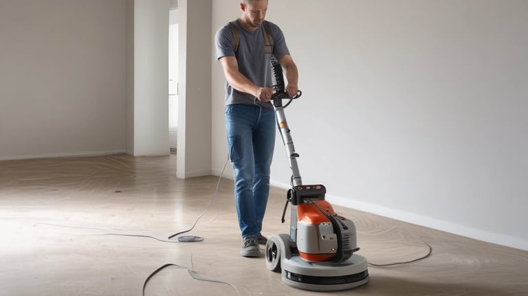 A professional sanding machine in action on a wooden floor.