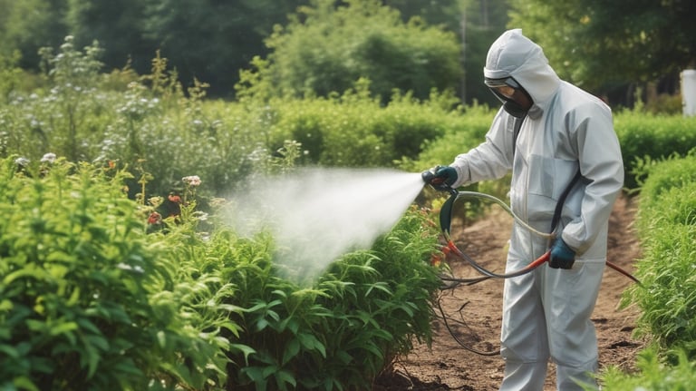 A well-maintained garden features a distinctively pruned tree with a rounded, dense canopy situated in the foreground. This tree is surrounded by lush, green grass, and several taller trees with thin trunks and sparse foliage stand in the background. The landscape extends to a distant horizon under a clear blue sky.