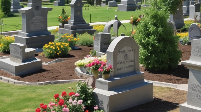 A well-maintained garden features a distinctively pruned tree with a rounded, dense canopy situated in the foreground. This tree is surrounded by lush, green grass, and several taller trees with thin trunks and sparse foliage stand in the background. The landscape extends to a distant horizon under a clear blue sky.