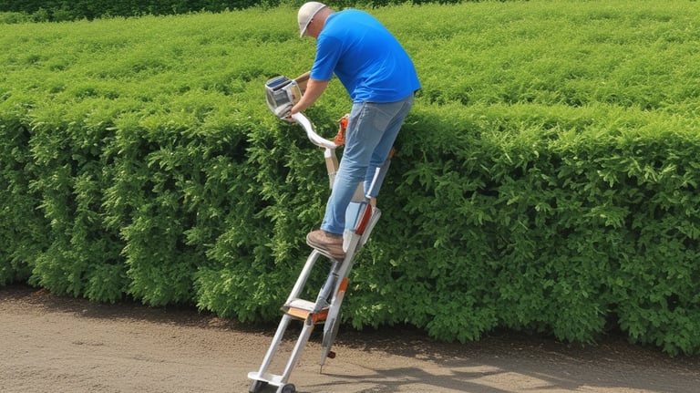 A well-maintained garden features a distinctively pruned tree with a rounded, dense canopy situated in the foreground. This tree is surrounded by lush, green grass, and several taller trees with thin trunks and sparse foliage stand in the background. The landscape extends to a distant horizon under a clear blue sky.