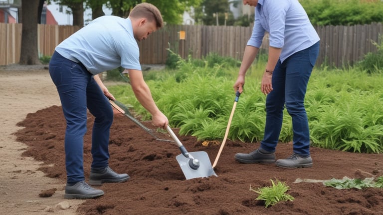 A red utility truck is equipped for tree maintenance, featuring detailed contact information and services such as lot clearing, hydro line trimming, and tree removal. The truck's design includes a hydraulic lift arm, positioned beside a residential area with green grass in the foreground.