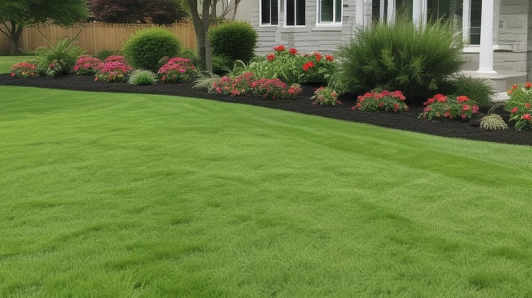 A large, mature tree with twisting branches and red blossoms stands prominently in the middle of a landscaped area. The ground is covered with well-maintained grass, and there are neat rows of small plants and shrubs. In the background, more tall trees have densely packed foliage creating a natural border.
