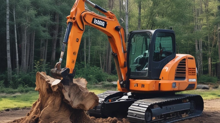 A well-maintained garden features a distinctively pruned tree with a rounded, dense canopy situated in the foreground. This tree is surrounded by lush, green grass, and several taller trees with thin trunks and sparse foliage stand in the background. The landscape extends to a distant horizon under a clear blue sky.