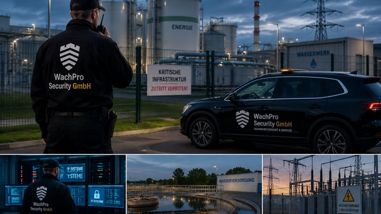 Sicherheitsmitarbeiter schützt eine kritische Infrastruktur mit Energieversorgung und Leitstelle