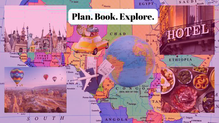 Travel-themed collage on a world map with landmarks, food, plane, globe, and ‘Plan. Book. Explore.