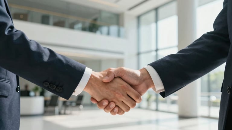 A clean shot of a handshake between two professionals in a bright, modern lobby with steel and glass details in North American / US.