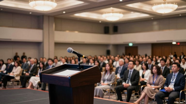 A podium with a microphone in front of a large, professional conference audience in a modern North American / US hotel ballroom, with focus on the stage.