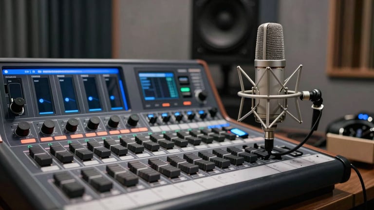 A high-end radio studio setup with a professional microphone and soundboard in North American / US, with soft gray and deep blue lighting.