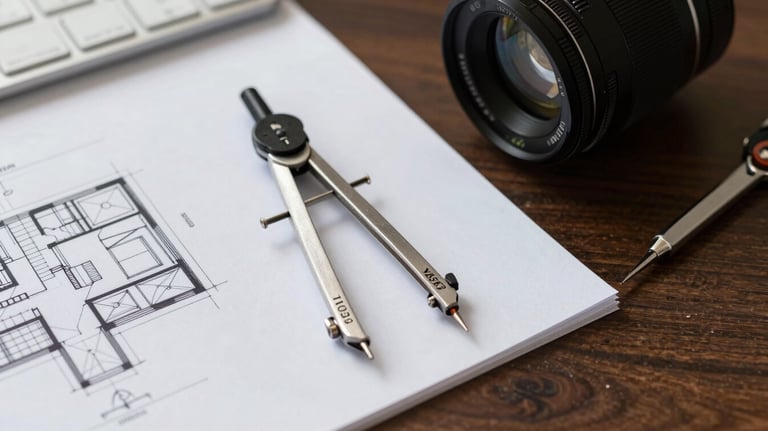 Close-up photography of architectural site plans on a dark wood desk with a high-end metal compass and professional workspace tools in a North American / US office.