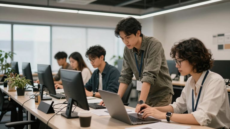 A creative collaboration workspace where diverse professionals are focused on a media project in a modern North American / US creative studio.