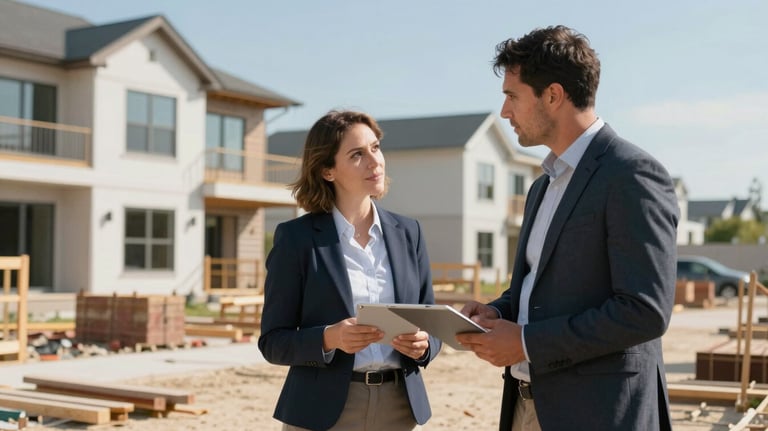 A professional real estate investor in business casual attire surveying a modern residential construction site in North American / US during a clear day.