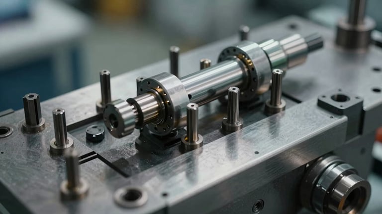 A close-up of high-quality industrial components for plastic injection molds. The photo shows intricate details of ejector pins and sleeves under cool workshop lighting.