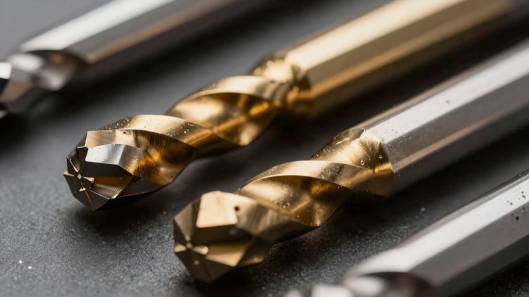 Close-up of precision cutting tools, specifically carbide end mills, reflecting a golden metallic sheen. Professional macro photography highlighting sharp edges and industrial quality.