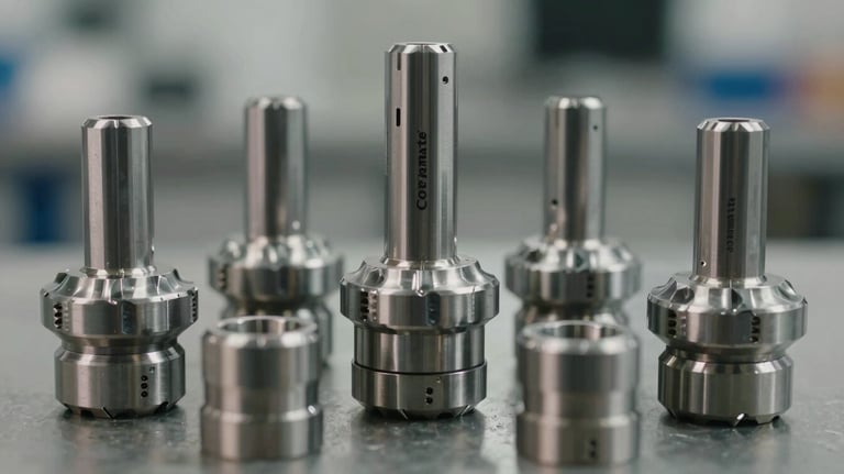 A set of high-precision mold guide pillars and bushings arranged neatly. The metal surfaces are polished to a mirror finish, highlighting the precision engineering of Coremate products.