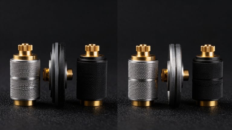 Side-by-side comparison of industrial suction cups on a black background, showing different textures and gold-colored fittings. Sharp focus and high contrast.