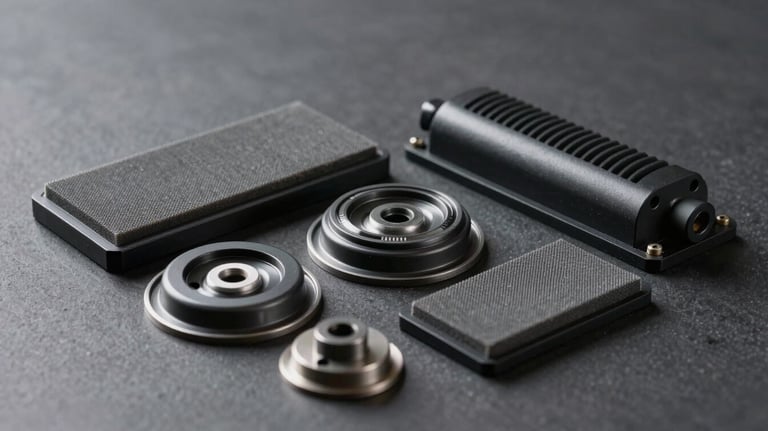 A collection of high-grade industrial vacuum pads and suction cups displayed on a dark grey surface. The material looks high-quality and durable under professional studio lighting.
