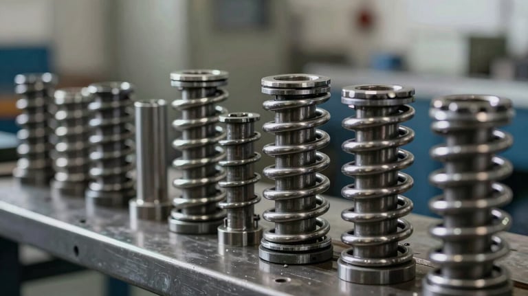 A row of heavy-duty metal stamping die springs in various sizes, finished in a clean industrial style. Focused composition showing the high-precision manufacturing of these standard parts.