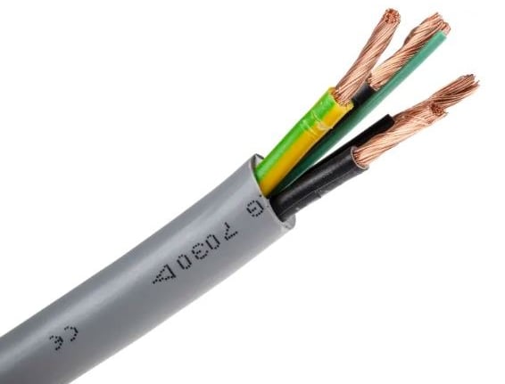 A gray multicore electrical cable with stripped copper wires and color-coded insulation.