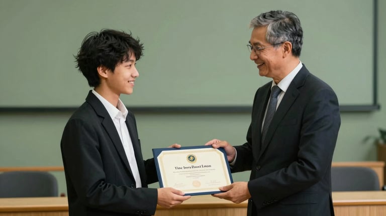 A student receiving a certificate of completion from a mentor, both smiling, set in a professional auditorium with sage green accents.