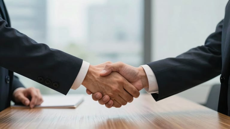 A clean shot of two professionals shaking hands across a wooden table in a brightly lit, modern corporate setting, emphasizing trust and collaboration.