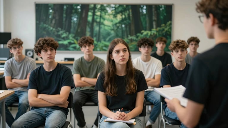 A group of students sitting in a modern workshop setting, actively participating and listening to a speaker, with a blurred deep forest green banner in the background.