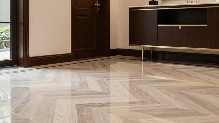 Close-up of a polished commercial floor gleaming under soft blue lighting.
