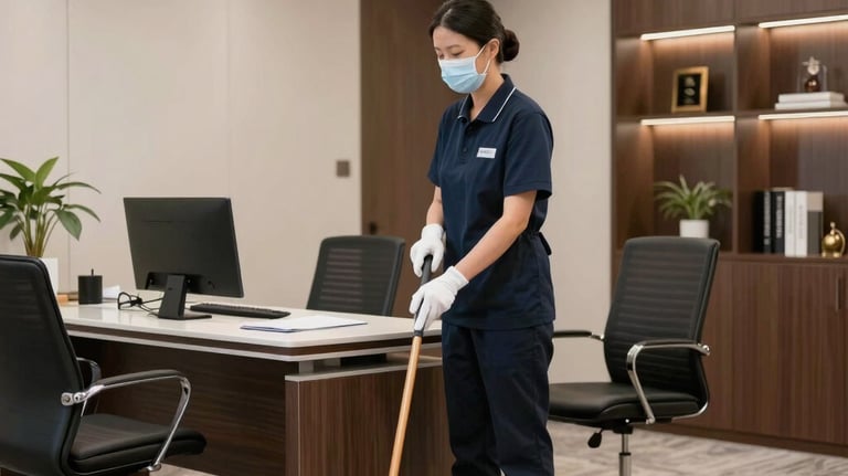 Professional cleaner in blue uniform carefully cleaning an office space.
