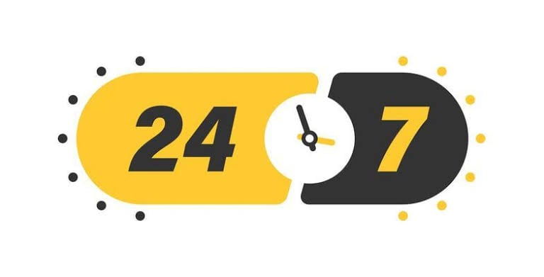 Yellow and black 24/7 customer service icon with a clock symbol representing round-the-clock availability.