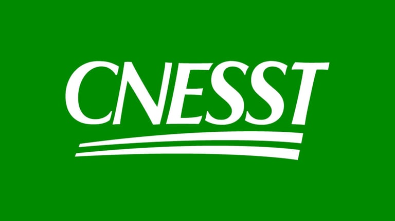 White CNESST logo with double underline on a solid green background for Quebec workplace health and safety.