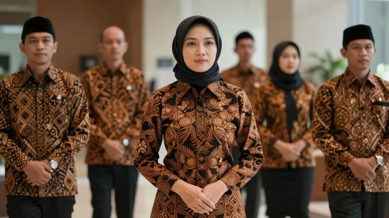 A professional group of Indonesian / Javanese office employees in a modern lobby, wearing matching elegant batik shirts and dresses in batik brown and black.