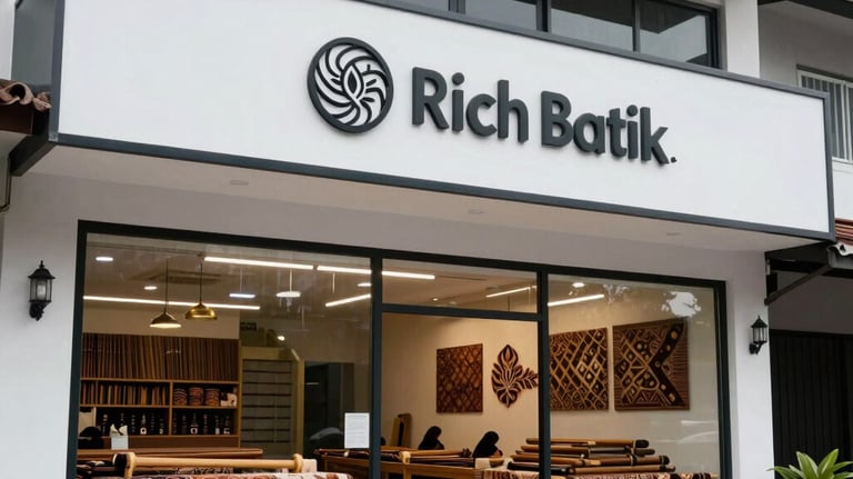 Exterior of a professional and modern batik workshop in Sragen, Indonesia, with clean architecture and a sign displaying the Rich Batik logo.