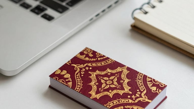 A high-angle shot of a neat office desk with a laptop, a notebook, and a business card featuring deep crimson and gold batik motifs.