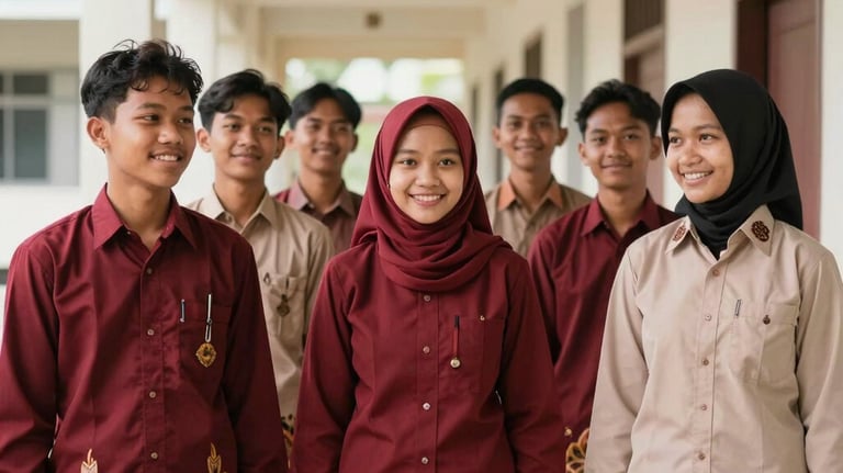 A group of Indonesian / Javanese students in a clean school hallway, smiling and wearing neat, well-tailored batik uniforms in deep crimson and parchment tones.
