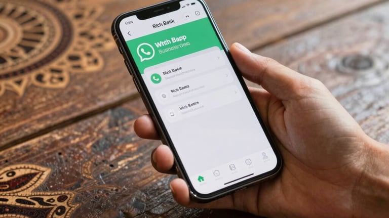 A hand holding a modern smartphone showing a WhatsApp business profile for Rich Batik, resting on a rustic batik brown wooden table.