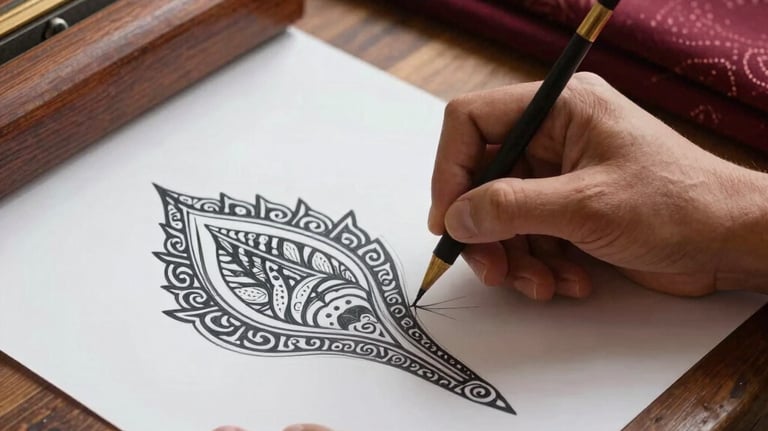 A close-up of a designer's hands sketching a traditional batik pattern on paper, with a batik canting and deep crimson fabric swatches on a wooden desk.